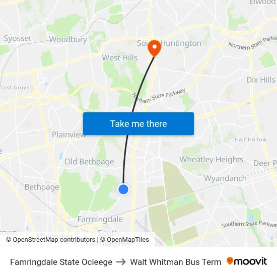 Famringdale State Ocleege to Walt Whitman Bus Term map