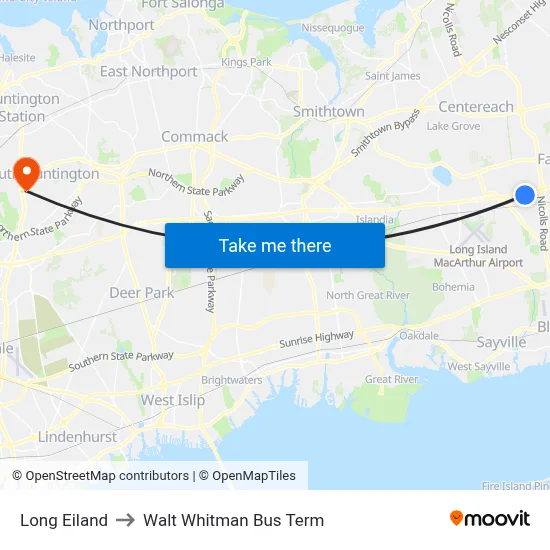 Long Eiland to Walt Whitman Bus Term map