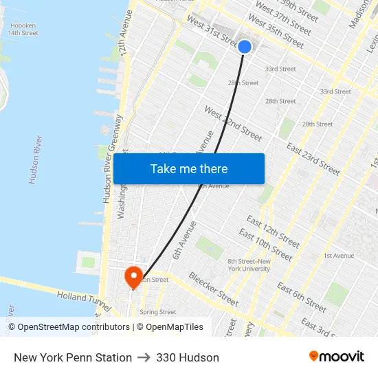 New York Penn Station to 330 Hudson map