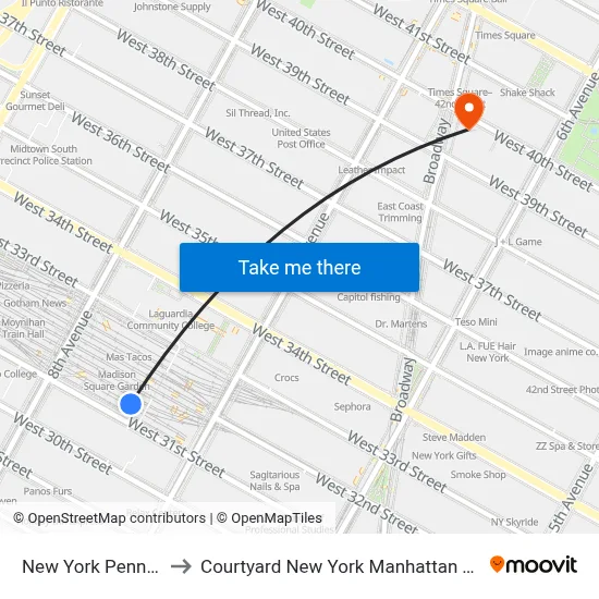 New York Penn Station to Courtyard New York Manhattan Times Square map