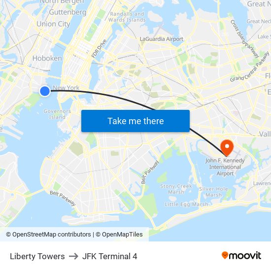 Liberty Towers to JFK Terminal 4 map