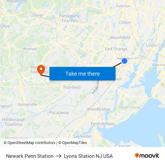 Newark Penn Station to Lyons Station NJ USA map