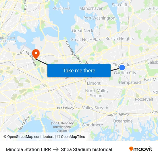 Mineola Station LIRR to Shea Stadium historical map