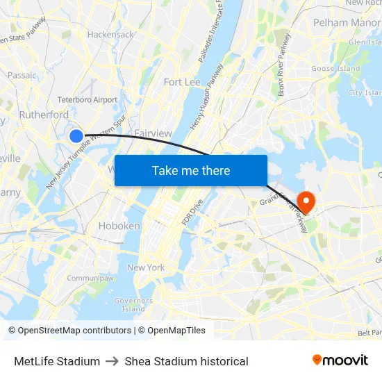 MetLife Stadium to Shea Stadium historical map