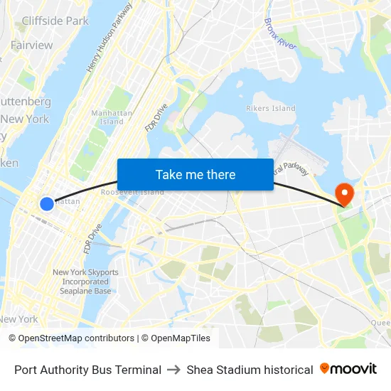 Port Authority Bus Terminal to Shea Stadium historical map
