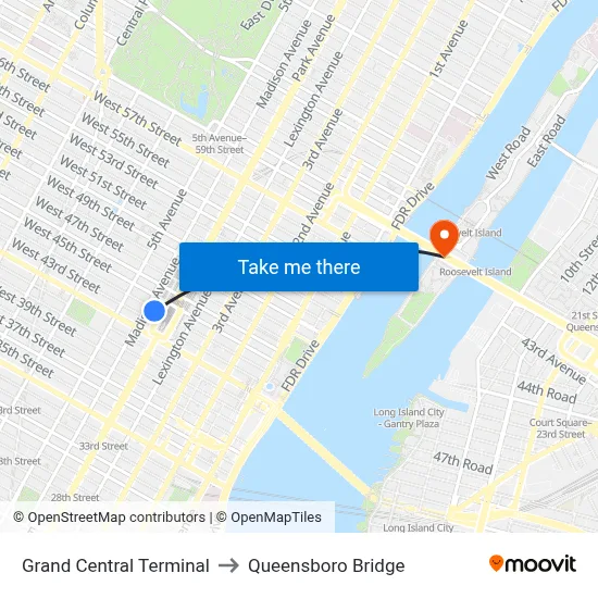 Grand Central Terminal to Queensboro Bridge map