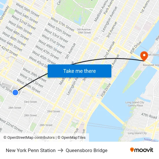 New York Penn Station to Queensboro Bridge map