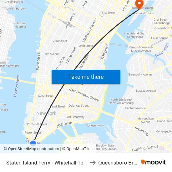 Staten Island Ferry - Whitehall Terminal to Queensboro Bridge map