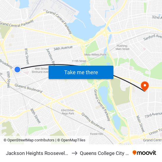 Jackson Heights Roosevelt Avenue 74th Street Station to Queens College City University of New York map