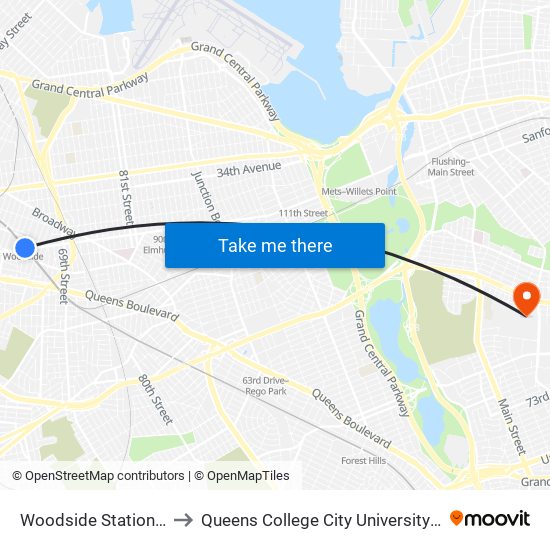Woodside Station NY USA to Queens College City University of New York map