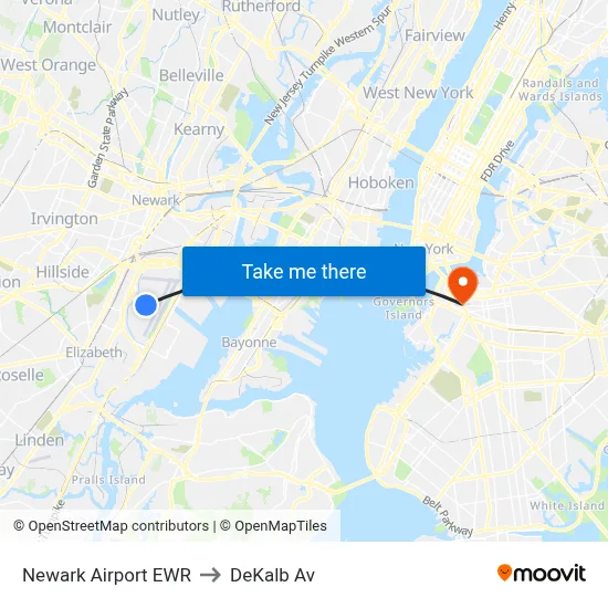 Newark Airport EWR to DeKalb Av map