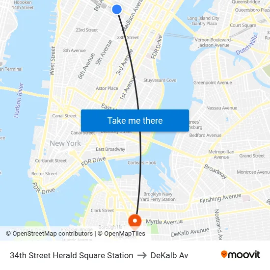 34th Street Herald Square Station to DeKalb Av map