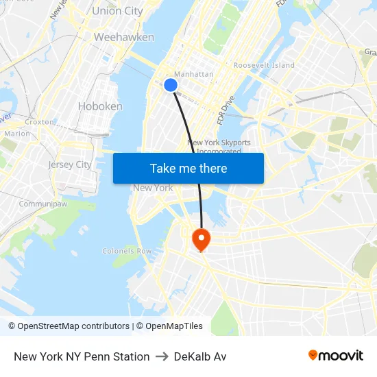 New York NY Penn Station to DeKalb Av map