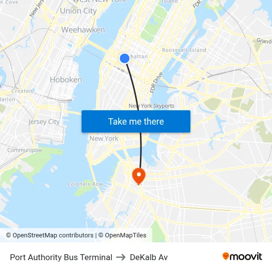 Port Authority Bus Terminal to DeKalb Av map