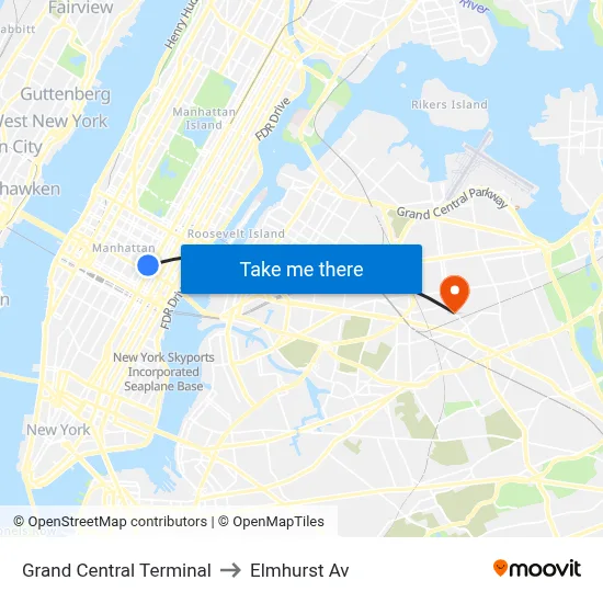 Grand Central Terminal to Elmhurst Av map