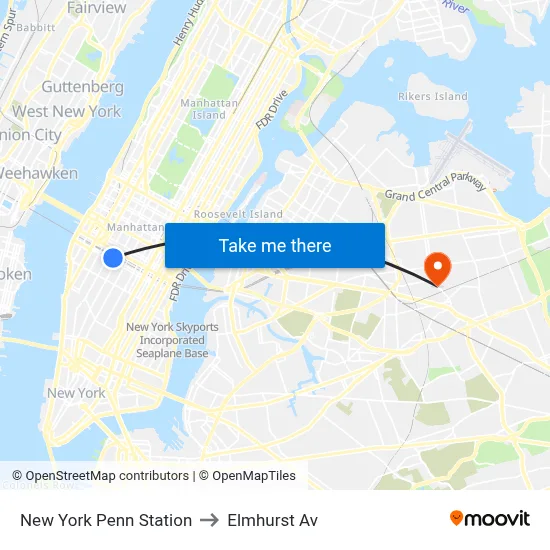 New York Penn Station to Elmhurst Av map