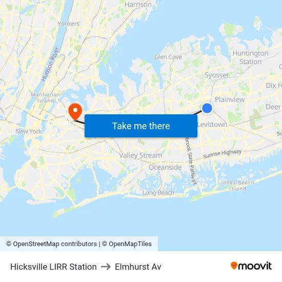 Hicksville LIRR Station to Elmhurst Av map