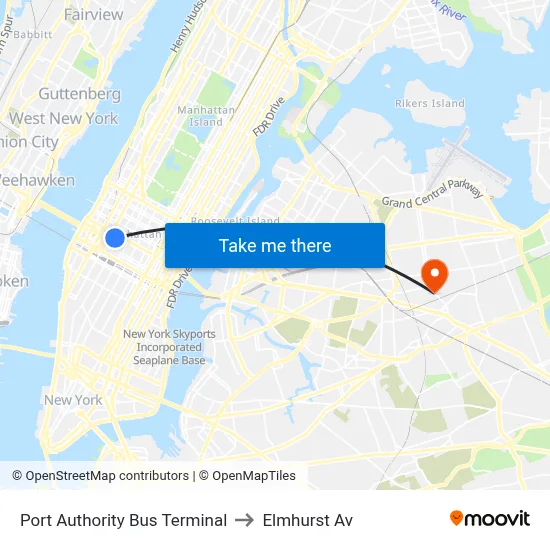 Port Authority Bus Terminal to Elmhurst Av map