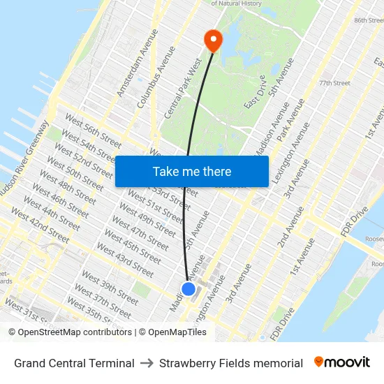Grand Central Terminal to Strawberry Fields memorial map