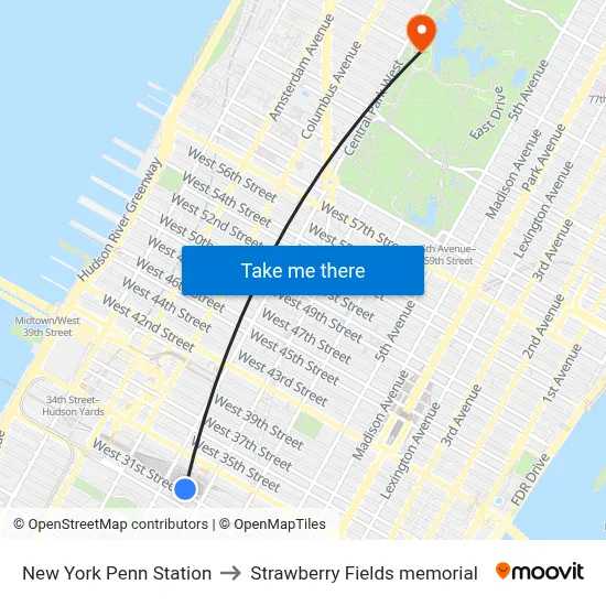 New York Penn Station to Strawberry Fields memorial map