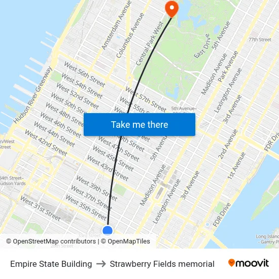 Empire State Building to Strawberry Fields memorial map