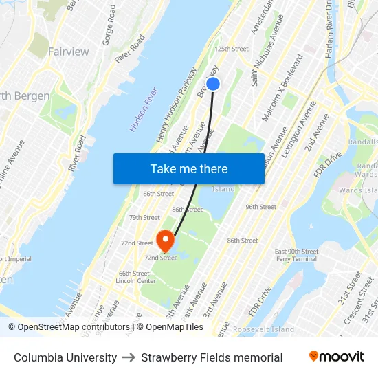 Columbia University to Strawberry Fields memorial map