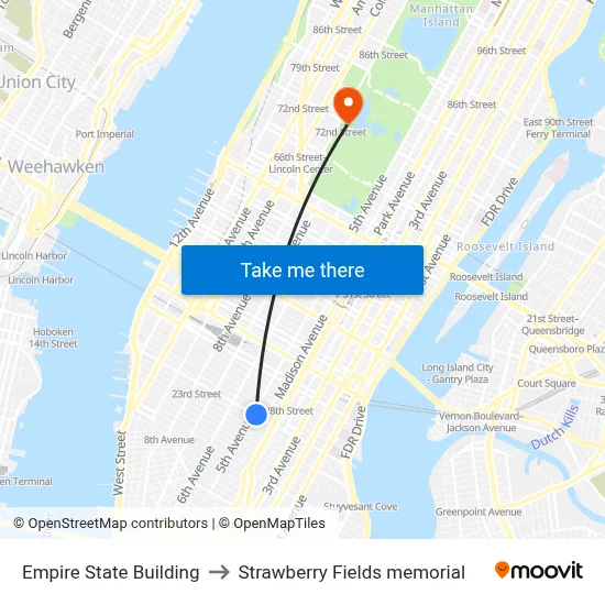 Empire State Building to Strawberry Fields memorial map