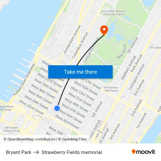 Bryant Park to Strawberry Fields memorial map