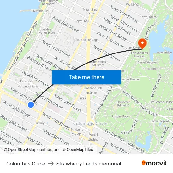 Columbus Circle to Strawberry Fields memorial map