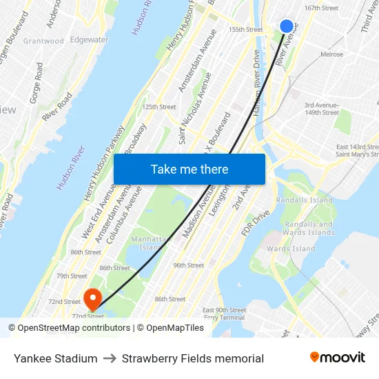 Yankee Stadium to Strawberry Fields memorial map