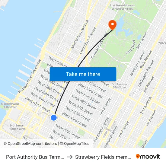 Port Authority Bus Terminal to Strawberry Fields memorial map