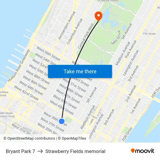Bryant Park 7 to Strawberry Fields memorial map