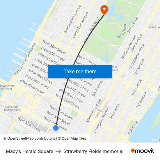 Macy's Herald Square to Strawberry Fields memorial map