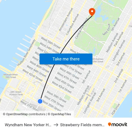 Wyndham New Yorker Hotel to Strawberry Fields memorial map