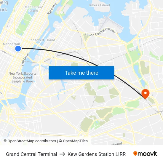 Grand Central Terminal to Kew Gardens Station LIRR map