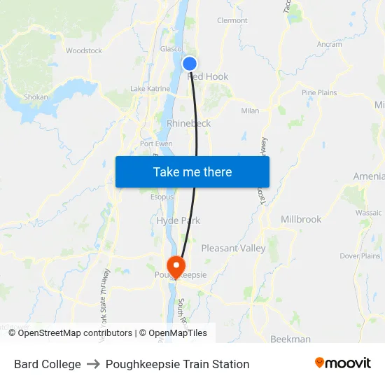 Bard College to Poughkeepsie Train Station map