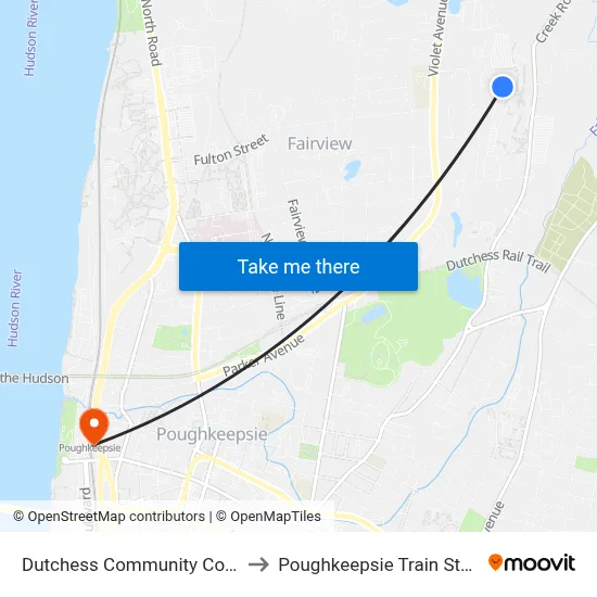 Dutchess Community College to Poughkeepsie Train Station map