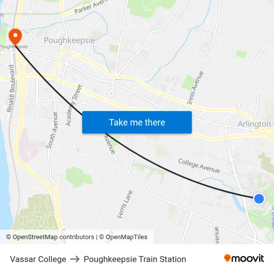 Vassar College to Poughkeepsie Train Station map