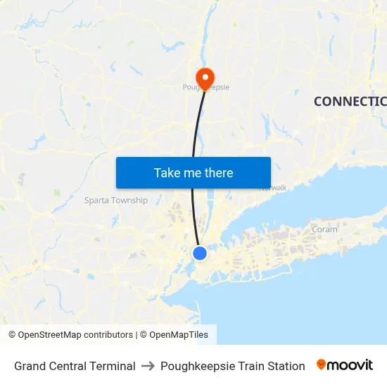 Grand Central Terminal to Poughkeepsie Train Station map