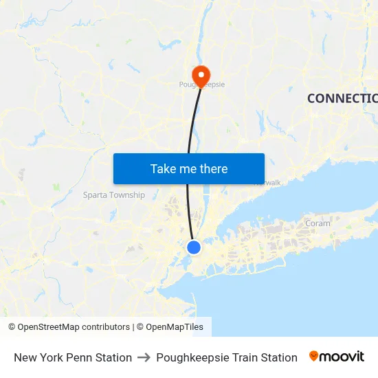 New York Penn Station to Poughkeepsie Train Station map