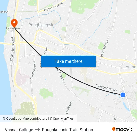 Vassar College to Poughkeepsie Train Station map