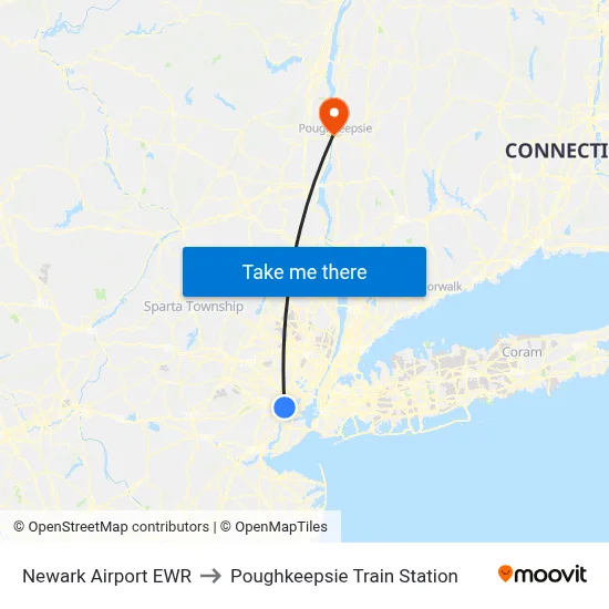 Newark Airport EWR to Poughkeepsie Train Station map
