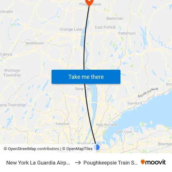 New York La Guardia Airport LGA to Poughkeepsie Train Station map