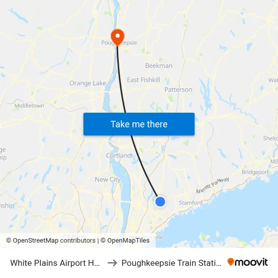 White Plains Airport HPN to Poughkeepsie Train Station map