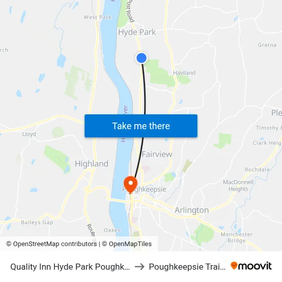 Quality Inn Hyde Park Poughkeepsie North to Poughkeepsie Train Station map