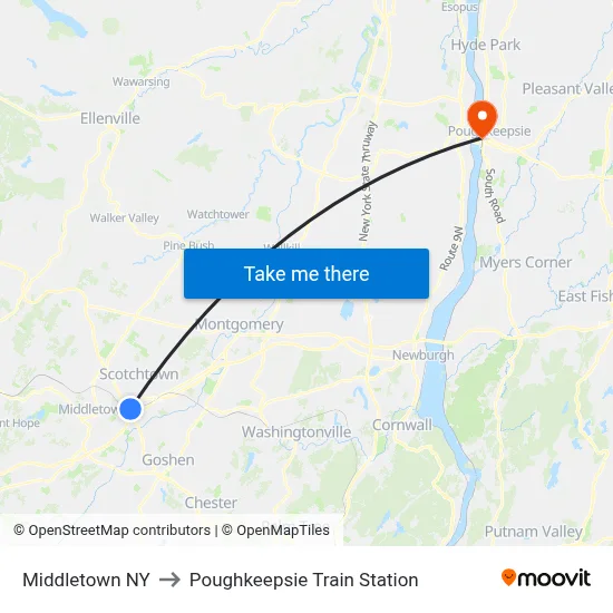 Middletown NY to Poughkeepsie Train Station map
