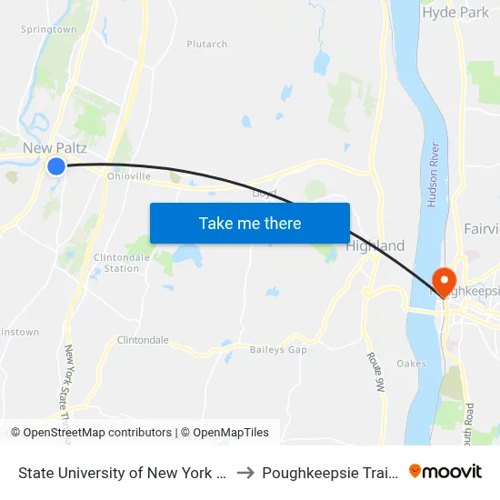 State University of New York at New Paltz to Poughkeepsie Train Station map
