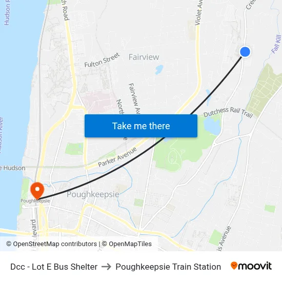 Dcc - Lot E Bus Shelter to Poughkeepsie Train Station map