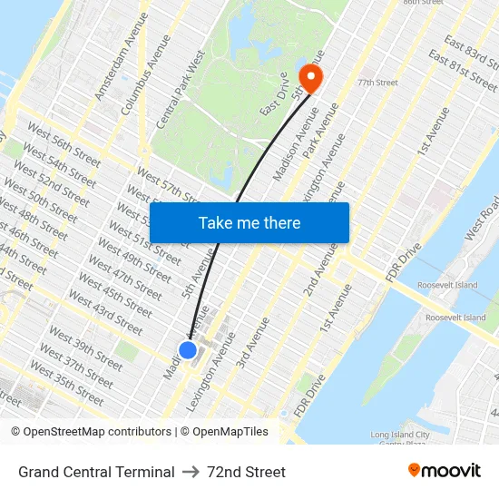 Grand Central Terminal to 72nd Street map