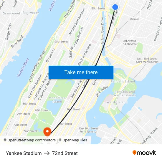 Yankee Stadium to 72nd Street map